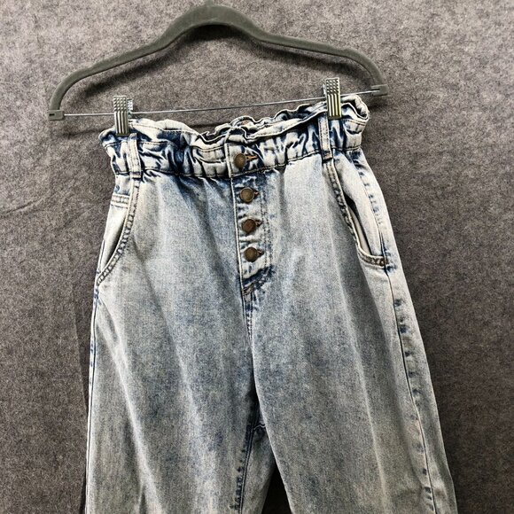 Zara High Rise Tapered Jeans Womens 4 Blue Acid Wash Paper Bag Relaxed Button - Picture 3 of 11